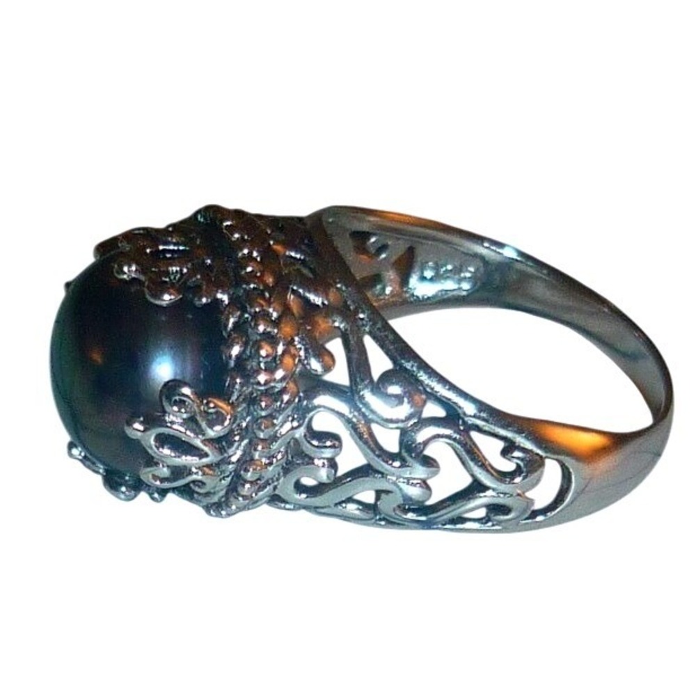 Vintage Sterling Silver Crown Filigree Black Pearl‎ Statement Ring 925 sz 7